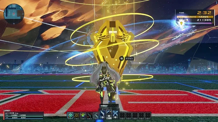 未来的なゲーム画面で、キャラクターが巨大な金色のオブジェクトの前に立っている