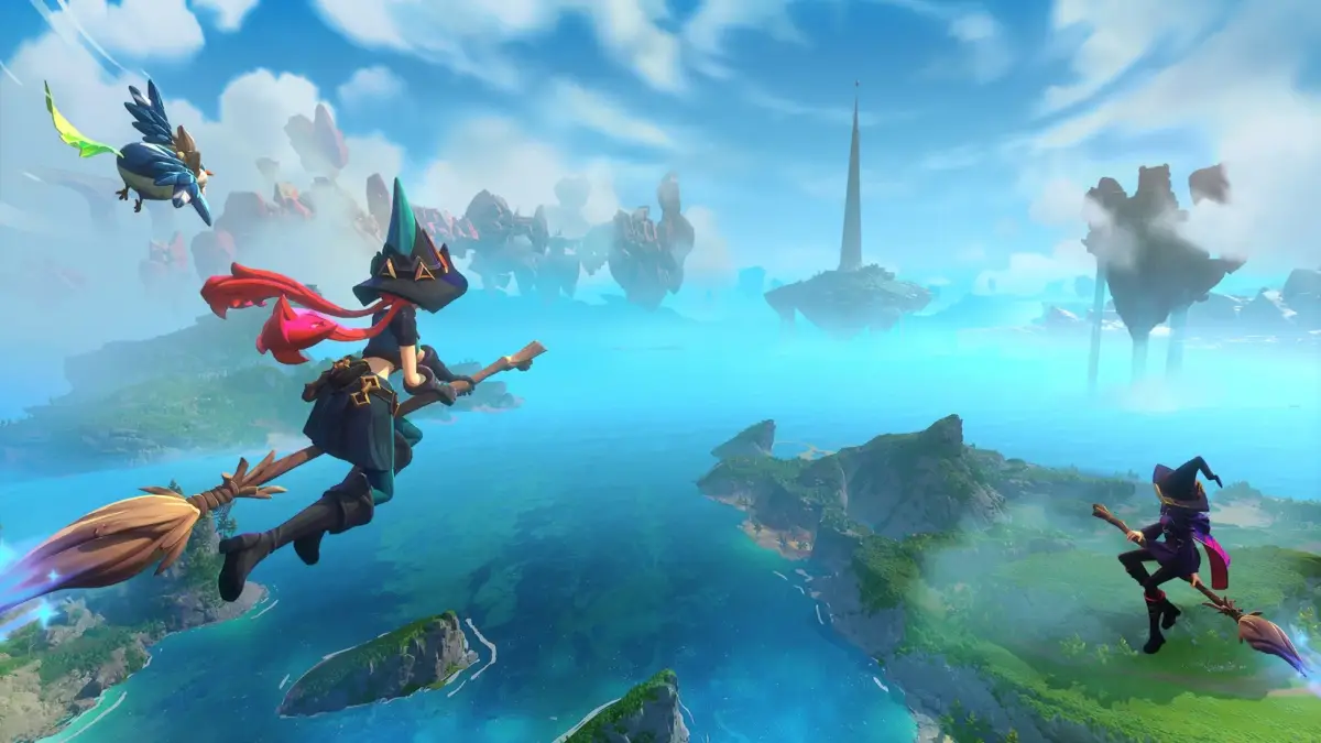 箒に乗った魔女2人、浮遊島、海