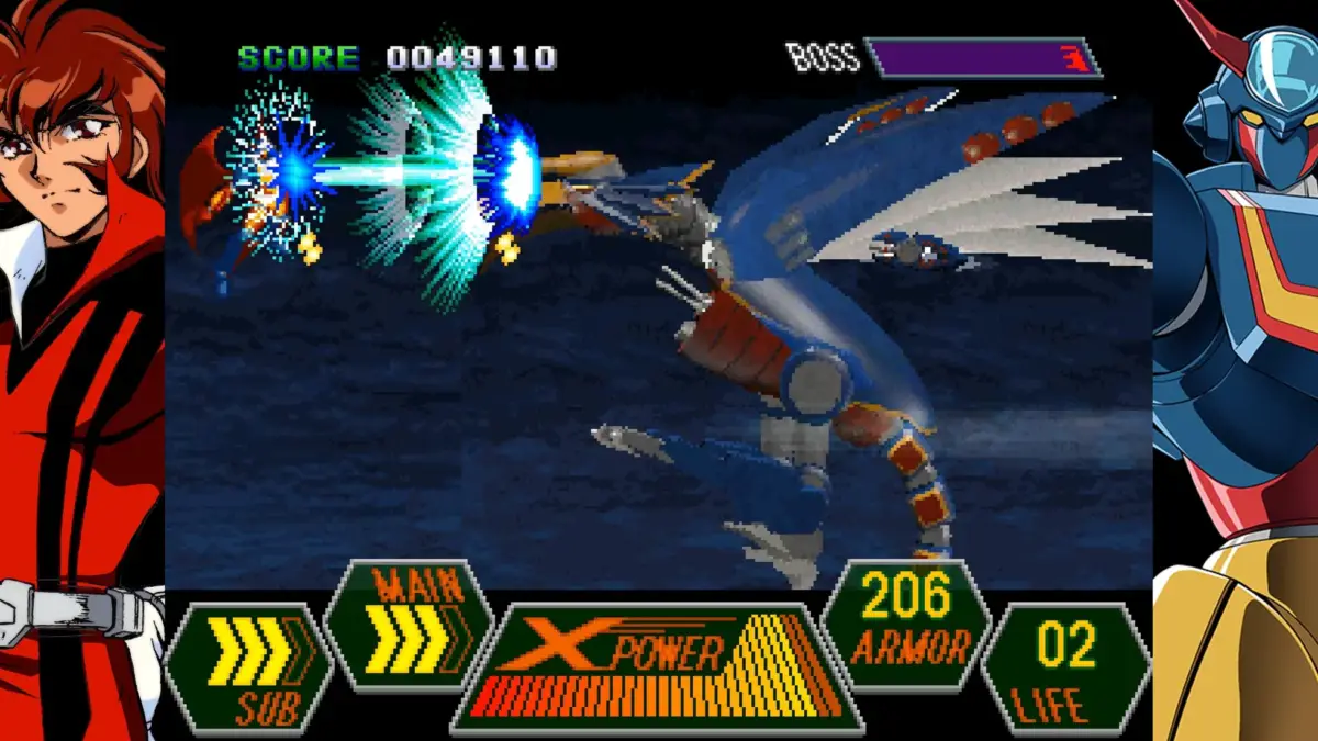 アニメキャラクターが左右に配置されたレトロ調のシューティングゲーム画面。プレイヤー機が巨大なボス敵と激しい戦闘を繰り広げており、スコアや各種ゲージが表示されている。