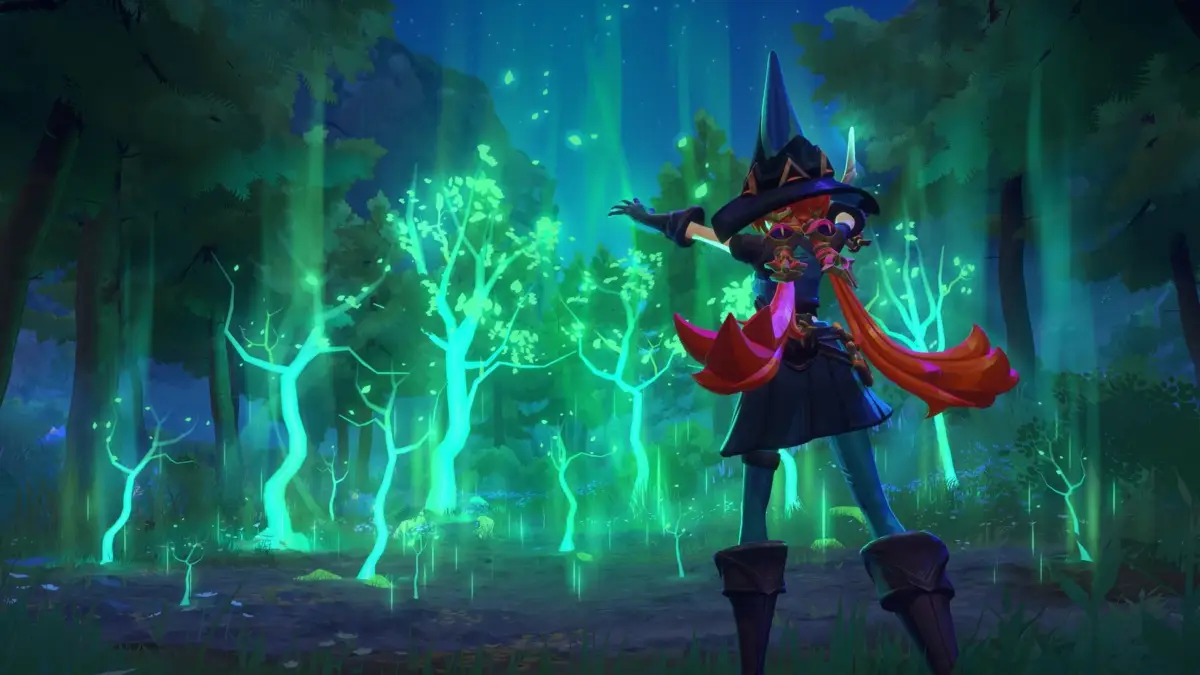 魔女、緑の光、幻想的な森