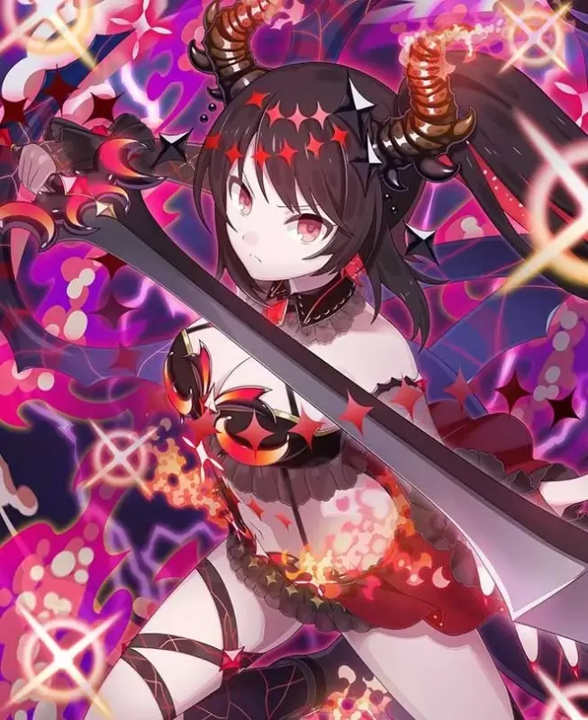 赤と黒の衣装を身につけ、悪魔のような角と大きな剣を持つ少女のイラスト