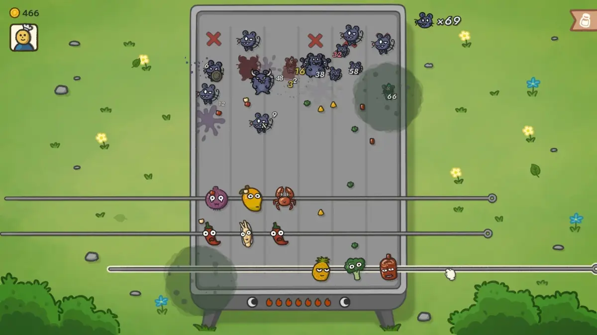 野菜や食べ物のキャラクターがネズミと戦うタワーディフェンスゲームの画面