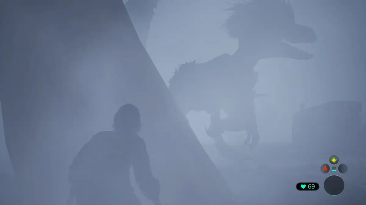 霧の中に恐竜が佇むゲーム画面