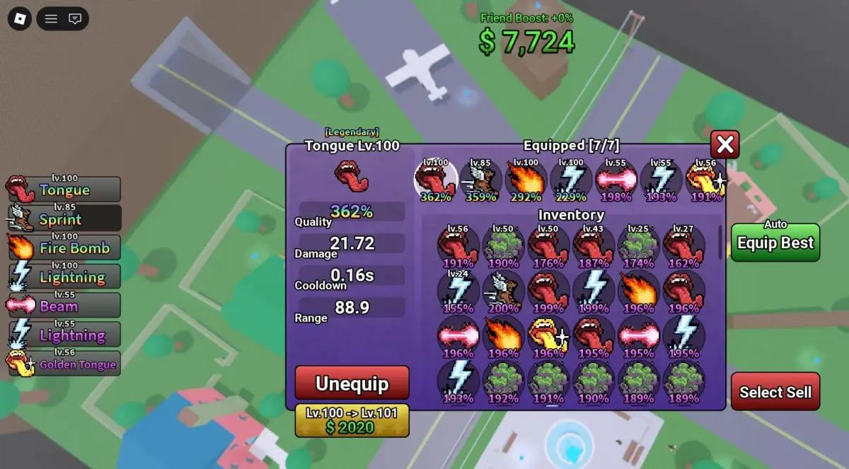 Robloxゲーム画面のインベントリと装備詳細