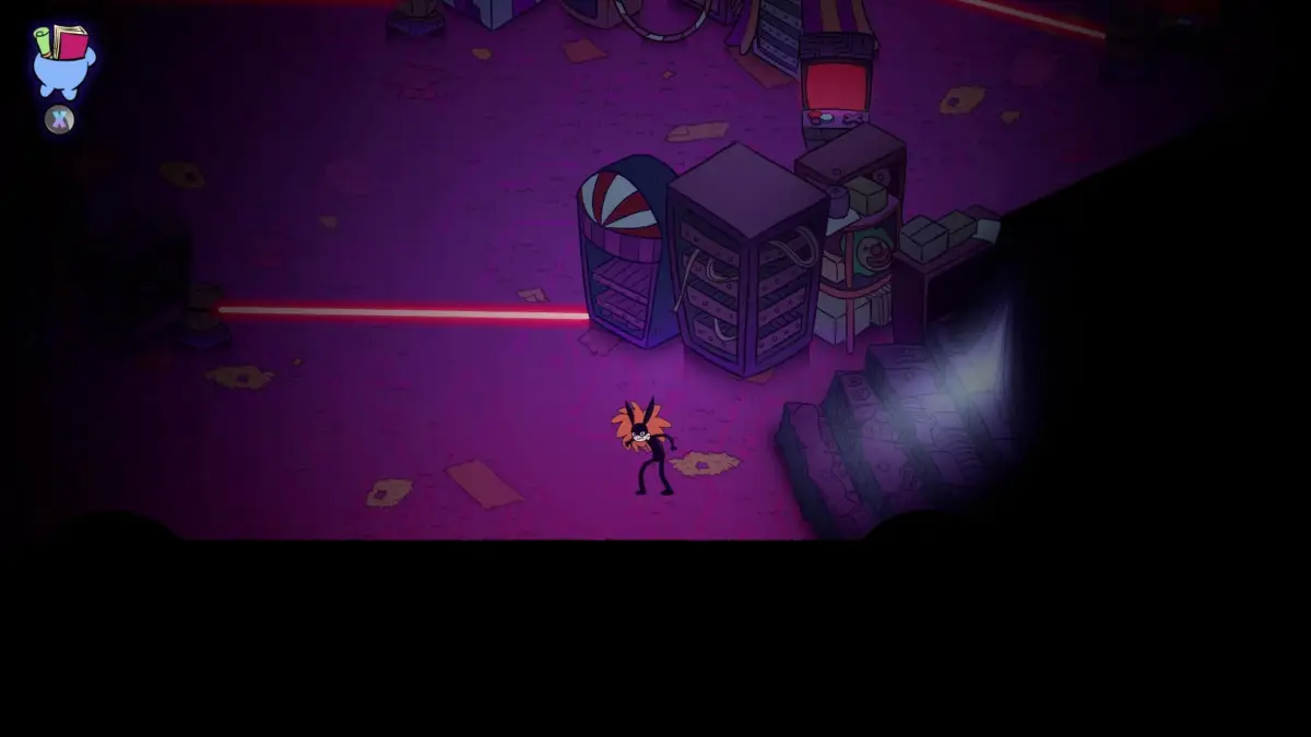 薄暗いSF的な空間でキャラクターが立つゲーム画面