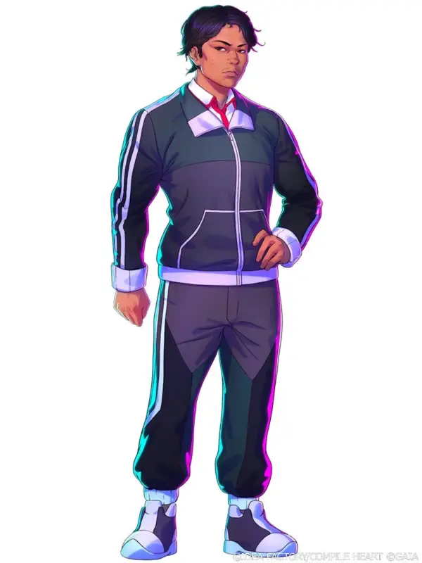 アニメ調で描かれた若い男性キャラクターの全身イラストです。ダークグレーとネイビーのトラックスーツを着用し、真剣な表情で立っています。画像全体にネオンのような光のエフェクトが見られます。