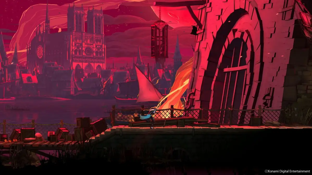 赤い空の下、ノートルダム大聖堂のような建物が印象的な街並み