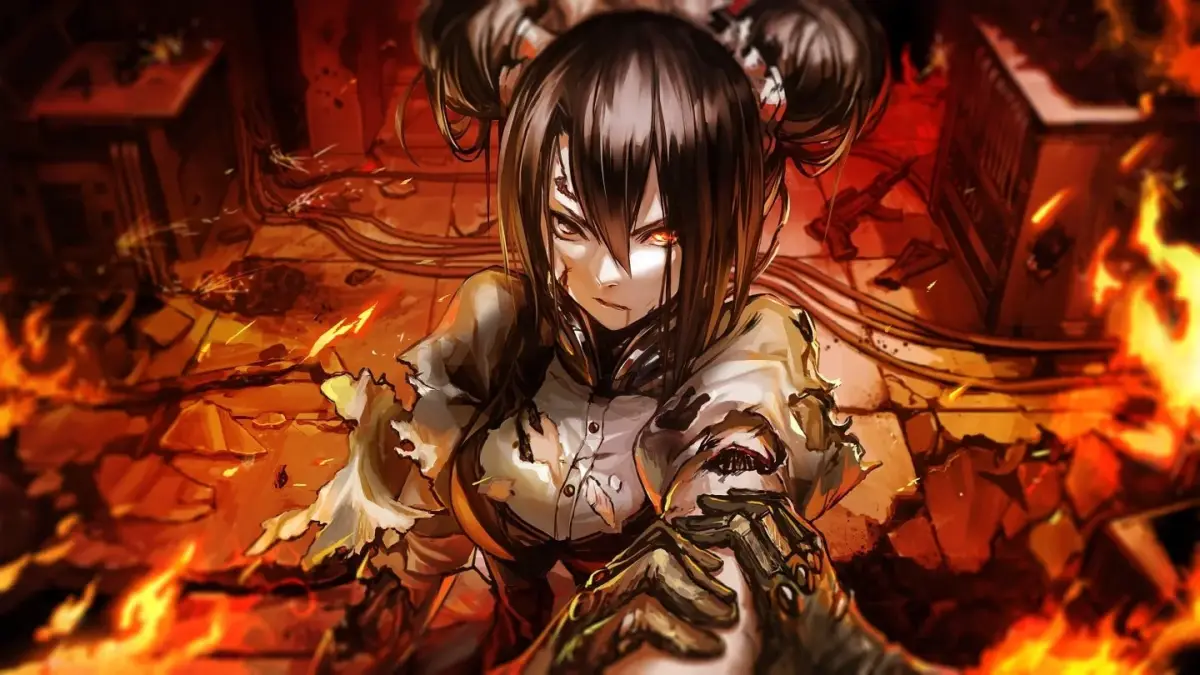 燃え盛る廃墟と少女