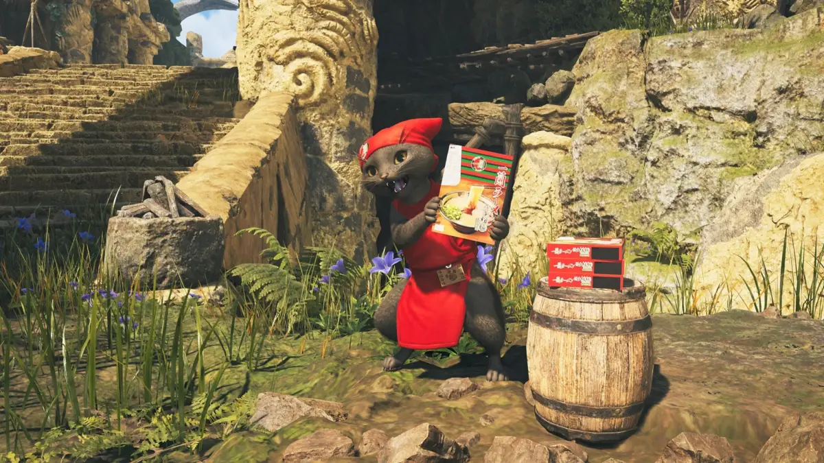 アイルーがラーメンを持っている