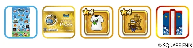 ドラゴンクエストウォークに関連するアイテムの画像。ゲーム内スタンプ、ビジターパス、星4のTシャツ、兜、ローブの装備品が並んでおり、コラボレーションや限定アイテムを示唆しています。