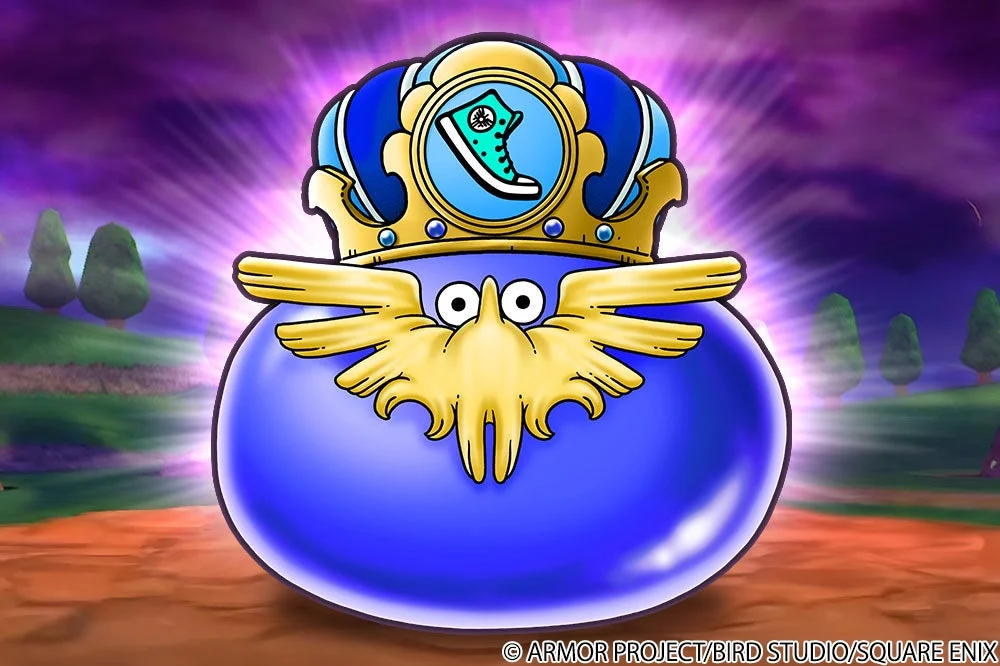 王冠をかぶり、その中央にスニーカーのエンブレムを配した青いスライム