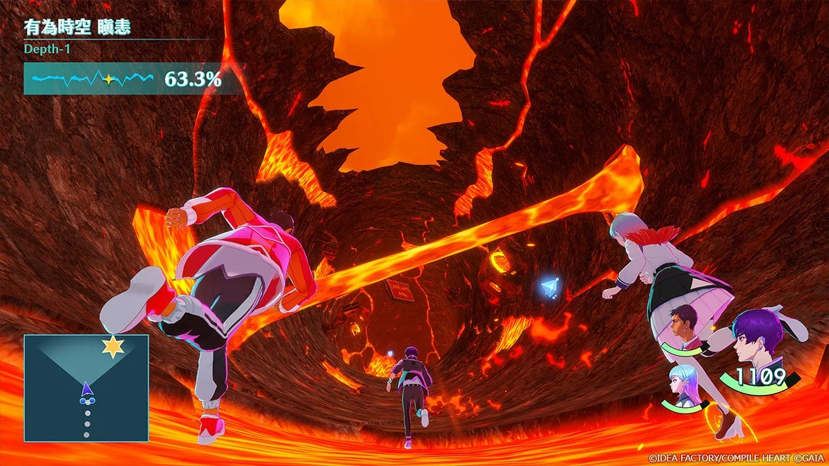 溶岩が流れる灼熱の洞窟のような場所を3人のキャラクターが駆け抜けるゲームのスクリーンショットです。UIには進行度やキャラクター情報が表示され、アクション性の高い冒険ゲームの様子が伺えます。