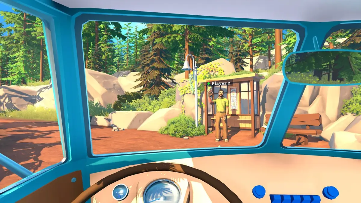 バス停に立つプレイヤーと森の風景