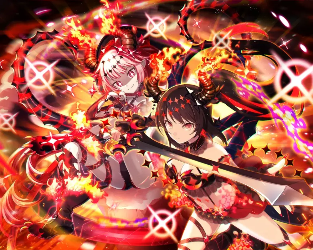 炎と魔法のエフェクトが光る背景に、角を持つ2人の少女キャラクター