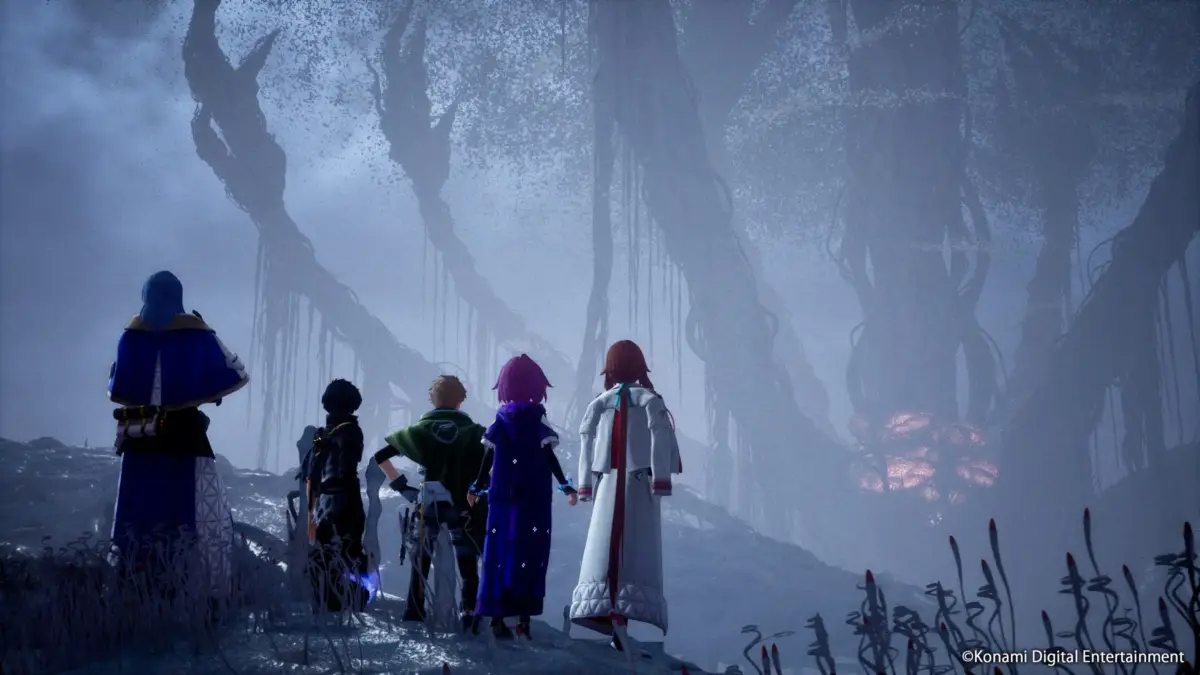 巨大な木々が立ち並ぶ神秘的な風景を眺めるキャラクターたち