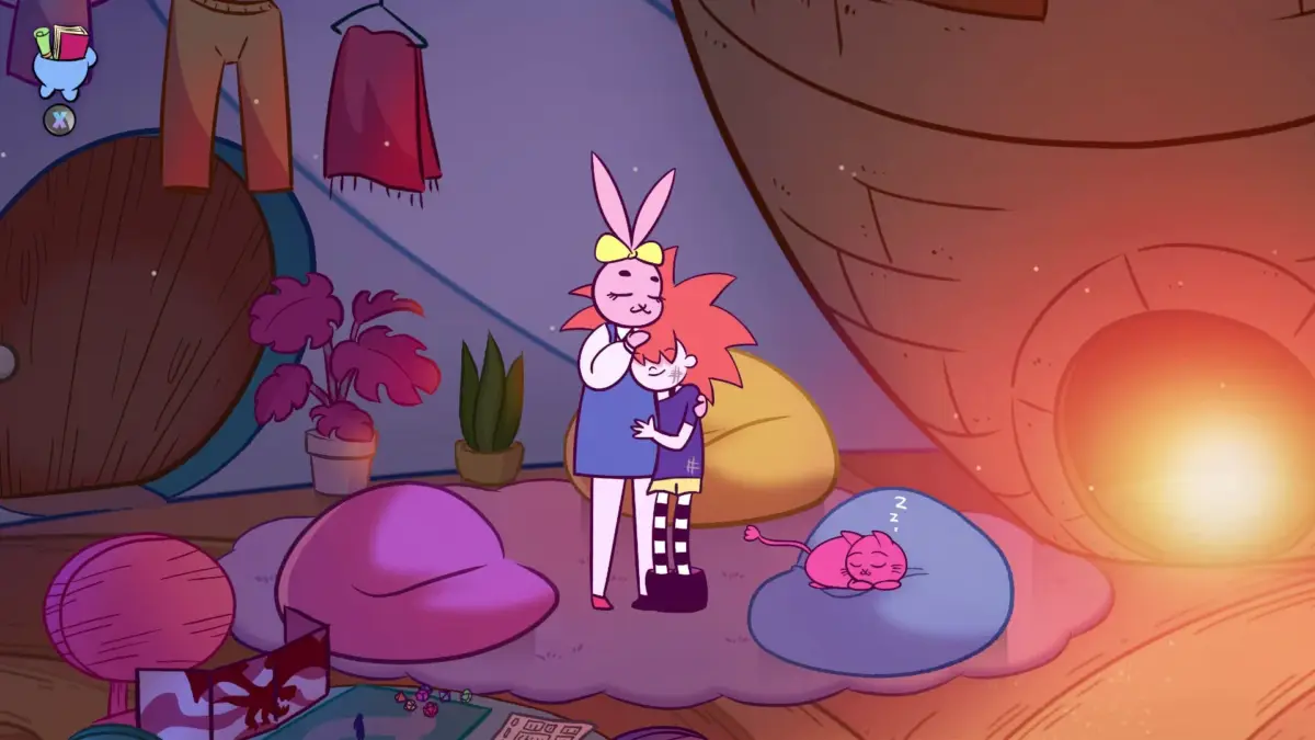 暖炉の部屋でウサギの耳のキャラと子供が抱き合うアニメ画像