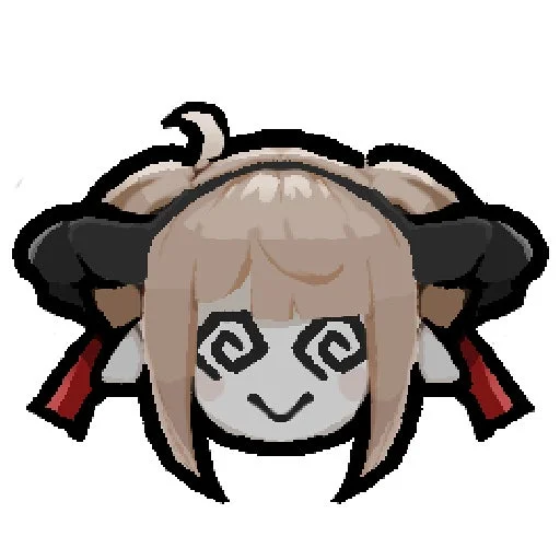 白背景に描かれた、淡い茶色の髪と黒いホーンを持つピクセルアートのキャラクターの顔。渦巻き状の目とシンプルな笑顔が特徴的で、可愛らしいデフォルメされた表情をしています。アイコンや絵文字のようなデザインです。