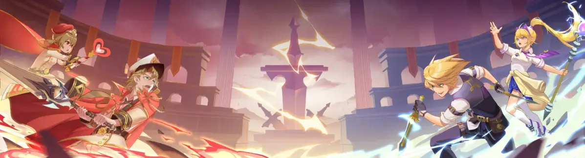 巨大な剣が中央に立つ幻想的なアリーナで、4人のアニメキャラクターが左右に分かれて対峙し、激しい魔法バトルを繰り広げているシーン