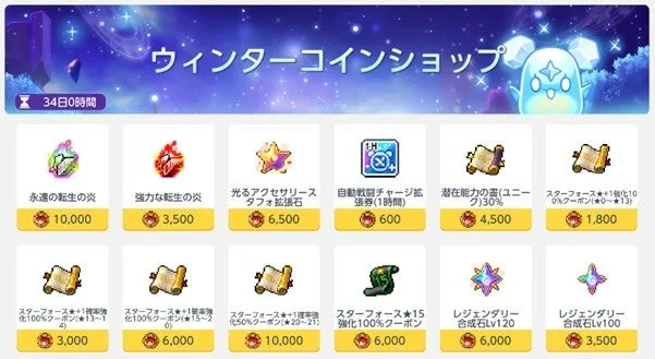 ウィンターコインショップ 34日0時間 永遠の転生の炎 10,000 強力な転生の炎 3,500 光るアクセサリー タフォ拡張石 6,500 自動戦闘チャージ拡 張券(1時間) 600 潜在能力の書(ユニーク)30% 4,500 スターフォース★+1強化100%クーポン(★0~★13) 1,800 スターフォース★+1強化100%クーポン(★13~14) 3,000 スターフォース★+1強化100%クーポン(★15~20) 6,000 スターフォース★+1強化50%クーポン(★20~21) 10,000 スターフォース★15 強化100%クーポン 6,000 レジェンダリー 合成石Lv120 6,000 レジェンダリー 合成石Lv100 3,500