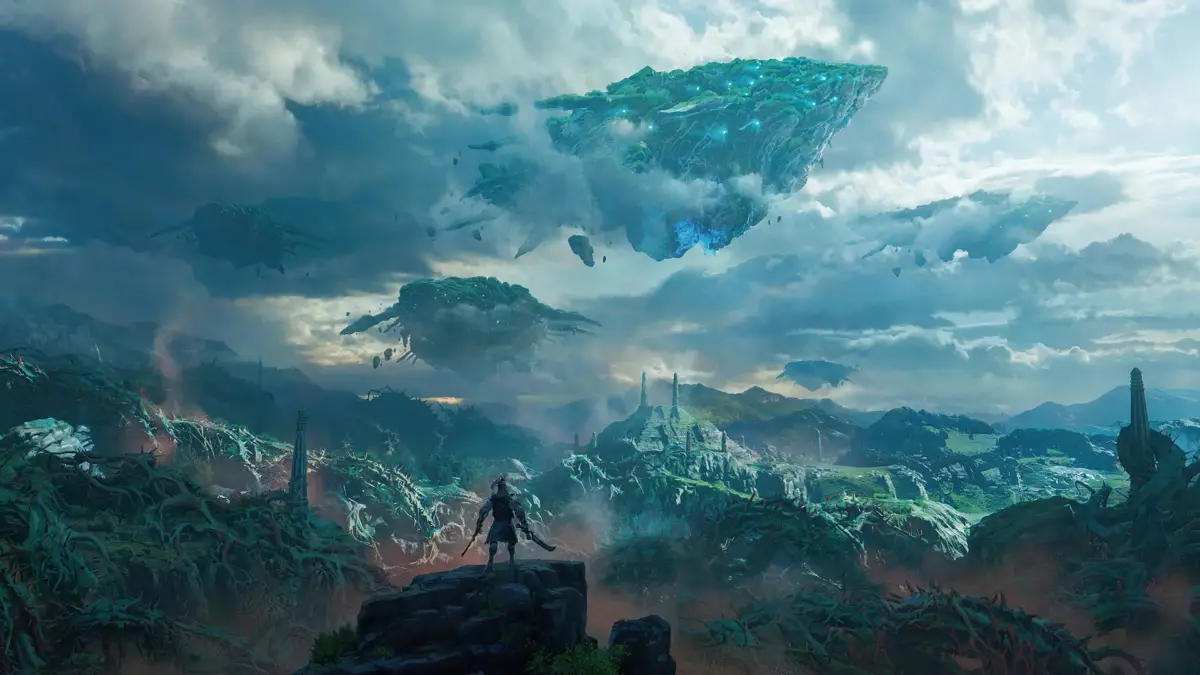 雲が立ち込める空に浮かぶ神秘的な島々