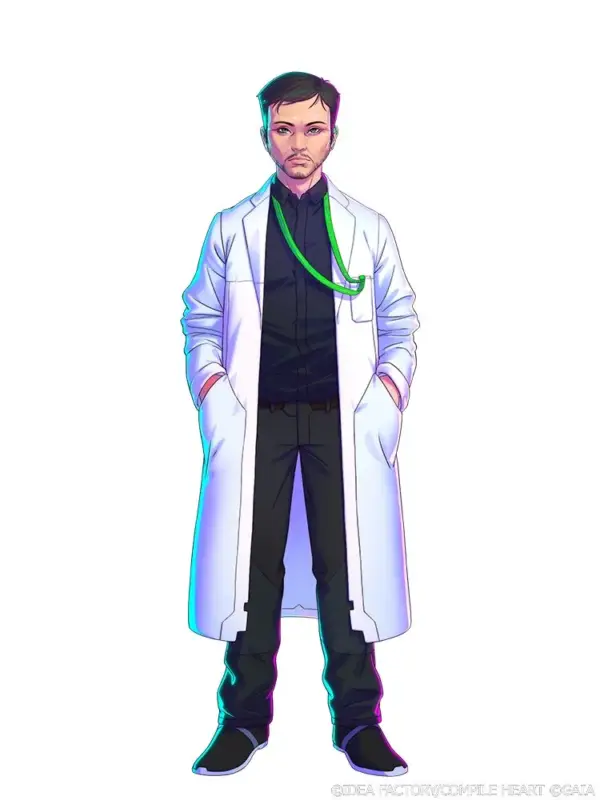 白衣を着用し、緑色の聴診器を首にかけた男性キャラクターの全身イラスト。黒いシャツとパンツを合わせ、クールな雰囲気を持つ。