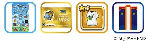 ドラゴンクエストウォークに関連する様々なアイテムアイコンと画像を提示しています。キャラクターシール、金色のビジターパス、星4のTシャツ、そして和風の衣装アイコンが含まれており、ゲーム内の特典やコラボレーションを想起させます。