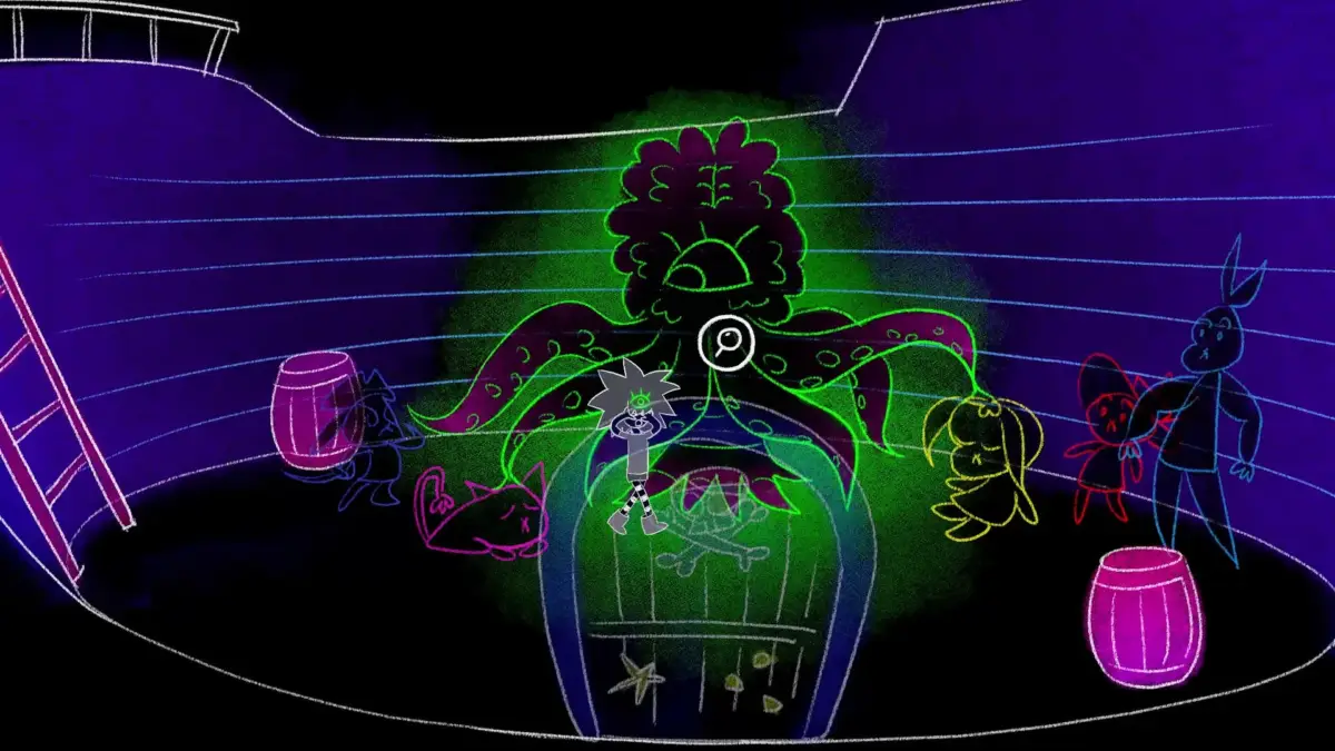 暗闇でネオン光るタコのような生物とキャラクターのイラスト