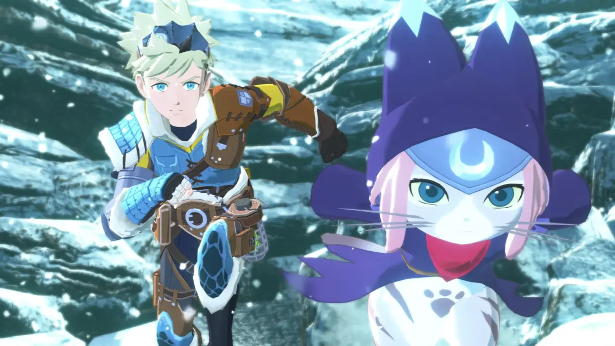 雪景色の中を走る少年とオトモアイルー