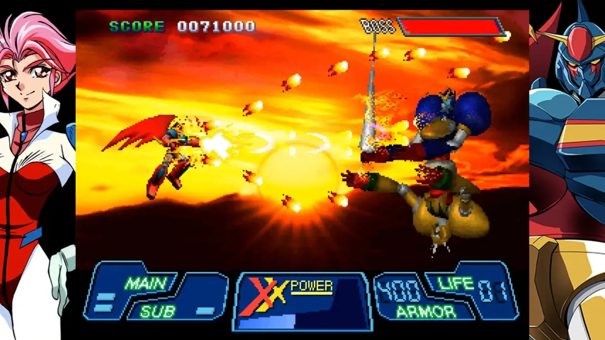 レトロなシューティングゲームの戦闘シーン。燃えるような背景で二体のメカが激しいボス戦を展開しています。画面両端にはアニメ風の女性キャラクターと別のメカのポートレートがあり、ゲームUIも表示されています。