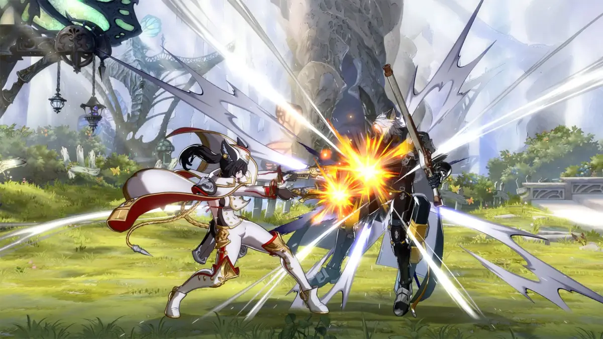 格闘ゲームの一場面で、白い衣装の女性キャラクターが黒い衣装の男性キャラクターに光の弾を発射している