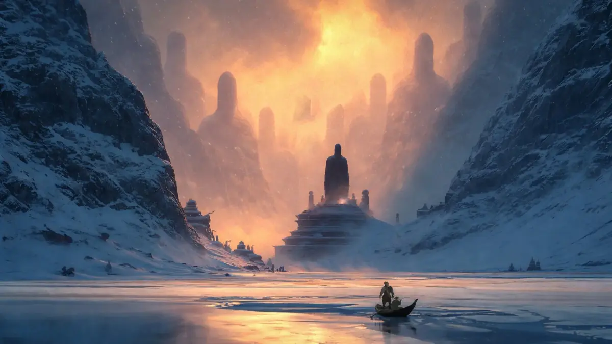 雪に覆われた山々に囲まれた凍った湖に浮かぶボートと巨大な仏像のような像