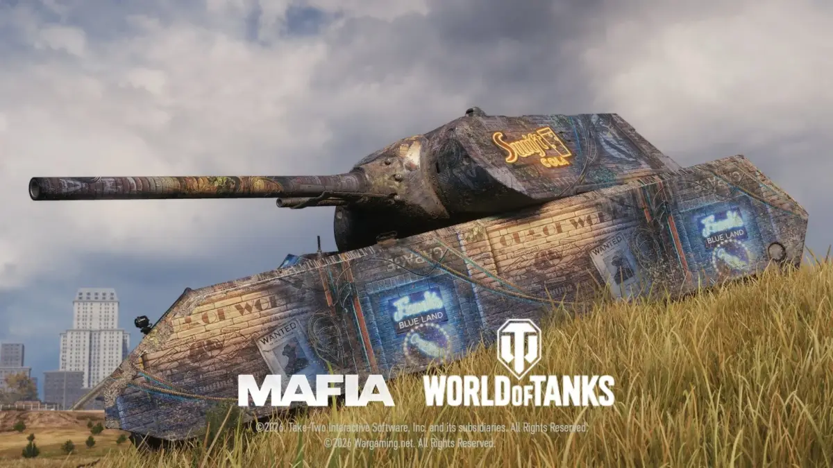 「MAFIA」と「WORLD of TANKS」のコラボレーションを示す、ネオンサインやWANTEDポスターが描かれたユニークなスキンをまとった戦車。