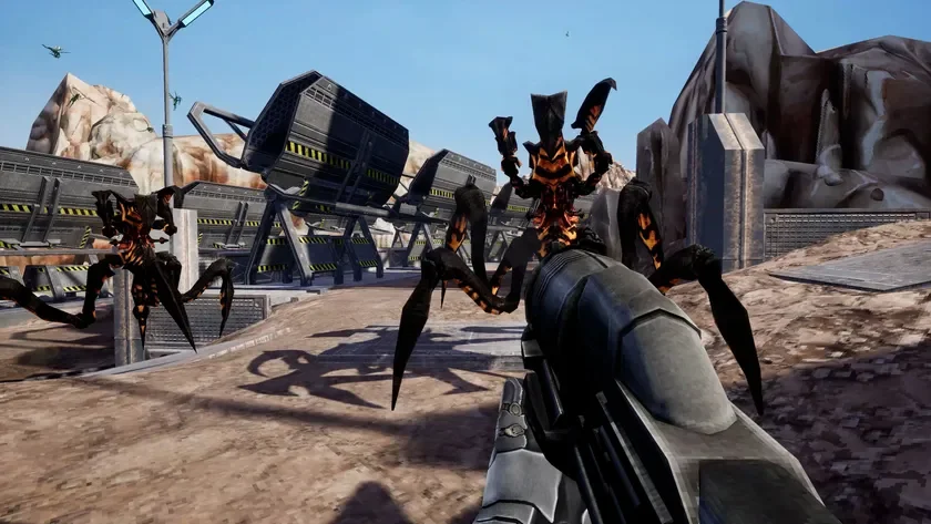 プレイヤーが未来的な武器を構え、複数のクリーチャーと対峙しているFPSゲームのスクリーンショット