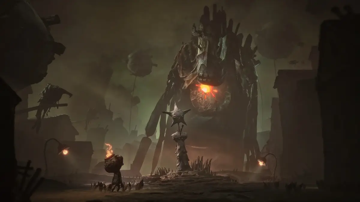 暗く不気味な世界にそびえ立つ巨大な骨のような構造物と、その前を歩く奇妙な生物たちを描いたファンタジーアート。