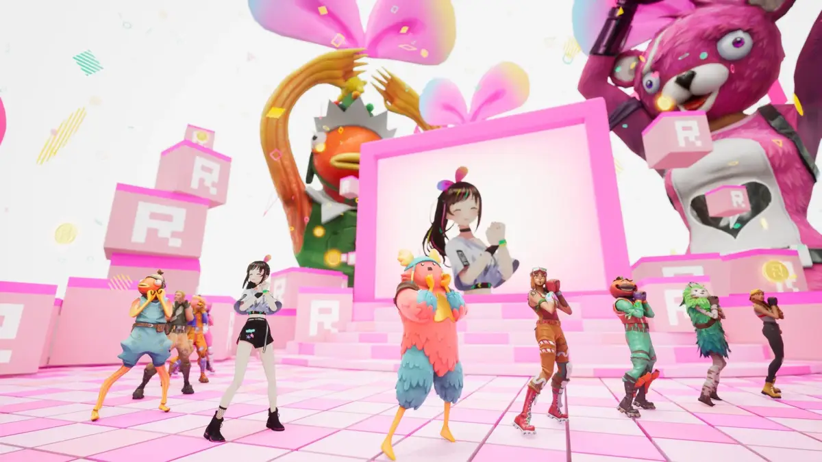 フォートナイトのキャラクターとキズナアイが集合するポップなイベント風景