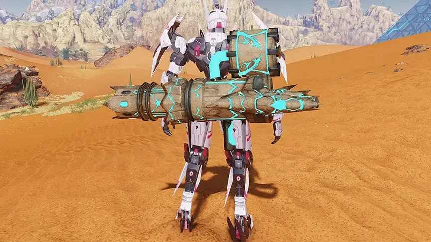 砂漠のような荒野を背景に、巨大な武器を構える白色のロボットが立っている。未来的なデザインのメカと、荒涼とした風景が特徴的な画像。