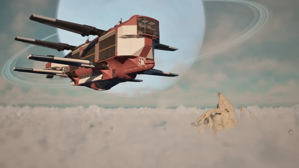 環を持つ巨大な惑星を背景に、赤と白の未来的な宇宙船が雲海の上を飛行している