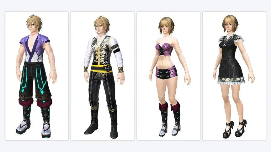 白背景に4体の3Dキャラクターモデルが並んでいます。左から男性2体、女性2体で、それぞれが異なるデザインのファンタジー風衣装を着用しています。ゲームのアバターやコスチュームの紹介画像のように見えます。
