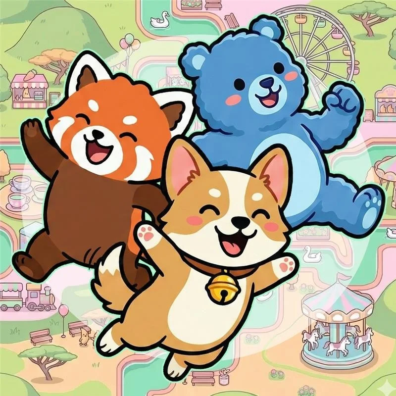 可愛いキャラクターたちが遊園地で楽しく跳ねるイラスト