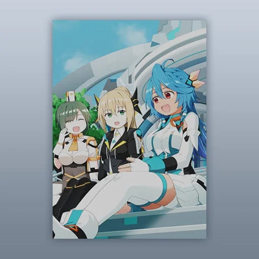 未来的な街並みを背景に、3人のアニメ風の女の子たちが楽しそうに集まっているイラストです。青い髪のキャラクターが大きく口を開けて笑い、他の2人も笑顔で、明るく賑やかな雰囲気が伝わってきます。