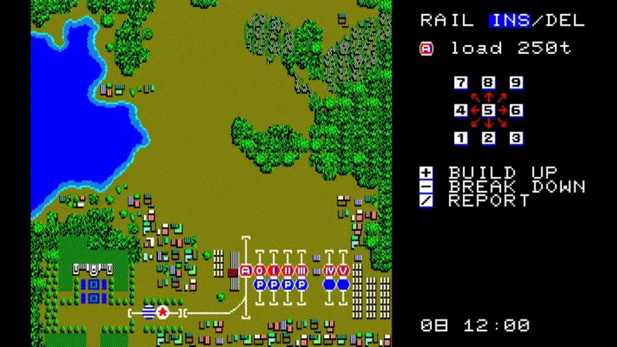 湖、森、街、鉄道駅が描かれたレトロなシミュレーションゲームの画面