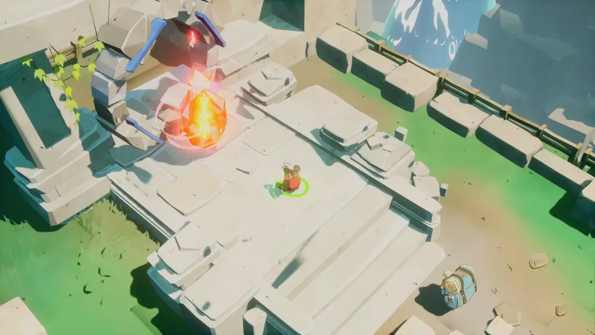 古代の遺跡を舞台にしたアイソメトリック視点のゲーム画面。キャラクターが中央に立ち、謎の文字が光るオレンジ色のクリスタルが石造りのアーチの近くにあります。冒険的なファンタジーの世界観が特徴です。