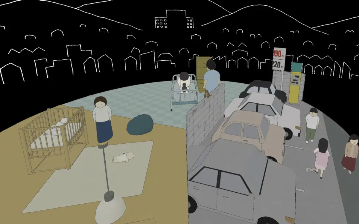 育児風景、病院のベッド、そして車が並ぶ駐車場を行き交う人々という、異なる日常の場面が対照的に描かれたイラスト。背景の建物がミニマルな線で表現されている。
