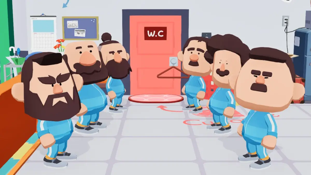 青いジャージを着た複数の太った男性キャラクターが、トイレのドアの前で列を作って待っているユーモラスなゲームのシーン。