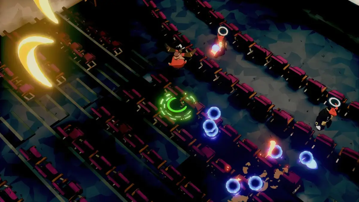 暗い空間で、緑色の光を放つキャラクターが敵と戦闘しているアクションゲームのスクリーンショットです。黄色の三日月形や青い球状の攻撃が飛び交い、周囲には紫色の座席のような障害物が並んでいます。