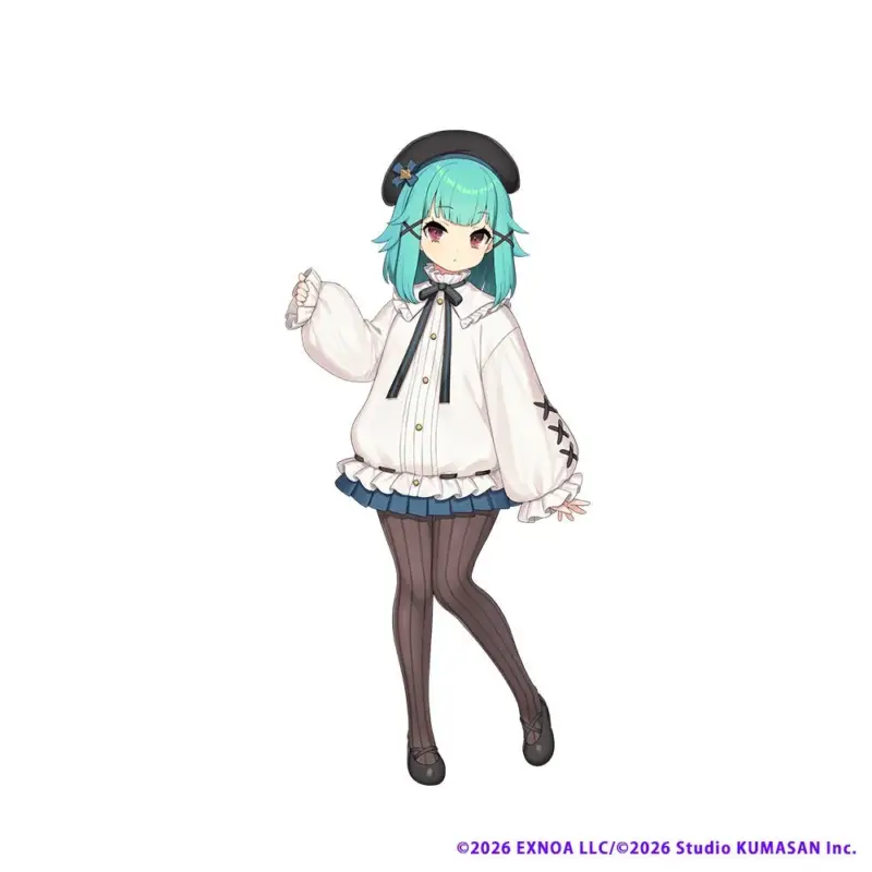 ターコイズ色の髪とベレー帽をかぶったアニメ風の少女の全身イラスト。白いフリルブラウスと青いスカート、黒いストッキングを着用し、可愛らしい表情をしている。