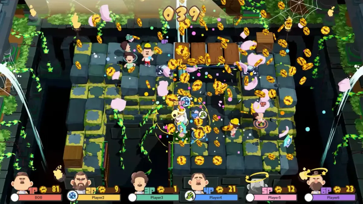 カラフルなキャラクターたちがブロック状のステージで金貨を奪い合う、見下ろし視点のマルチプレイヤーゲーム画面です。ツタやクモの巣が配置された賑やかなアリーナで、複数のプレイヤーがアクションを繰り広げ、スコアやタイマーが表示されています。