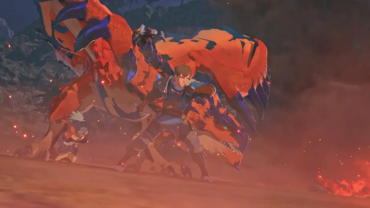 ライダーとリオレウス、オトモアイルーの共闘