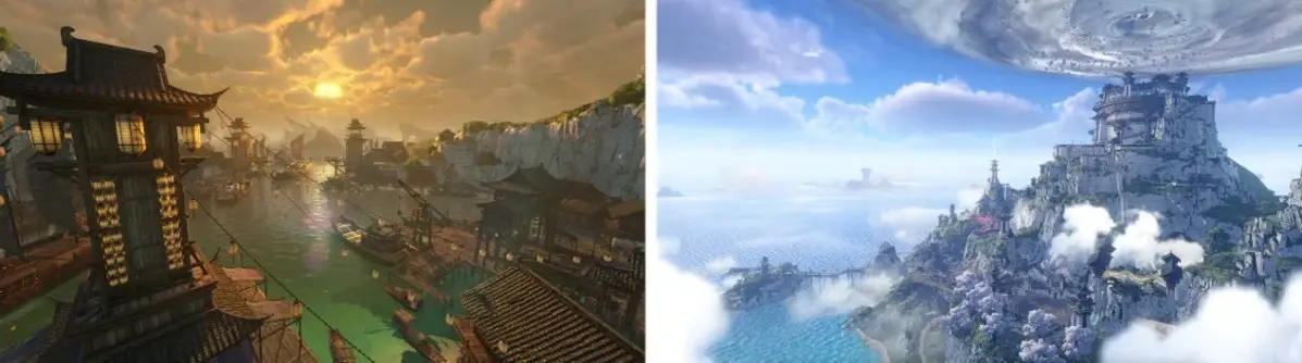 東洋風の港町と雲海に浮かぶ城の幻想風景