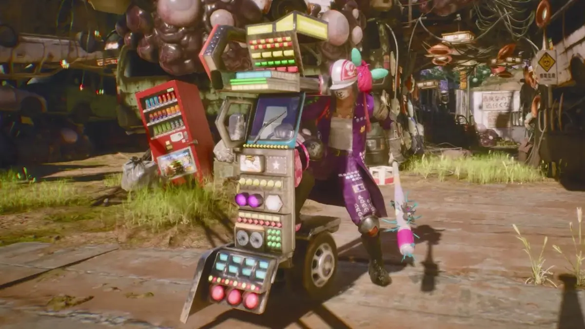 サイバーパンクなカスタムカートを押す人物